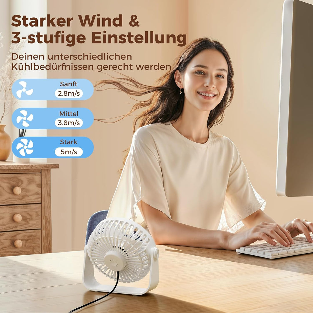 TriPole USB Tischventilator, 3 Geschwindigkeiten Starker Wind, 360° Rotation Persönlicher Ventilator