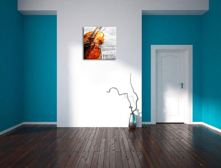 Pixxprint Geige auf Notenblättern als Leinwandbild/Grösse: 70x70 cm/Wandbild/Kunstdruck/fertig bespa