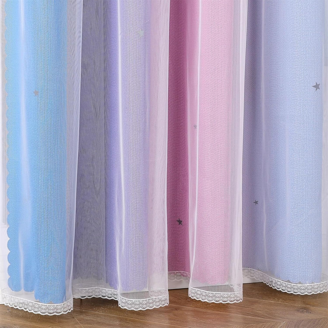 Freyamy Wohnzimmer Gardinen Blau Lila Rosa Glänzend Sterne Vorhänge Halbtransparent 130x100 (HxB) Ös