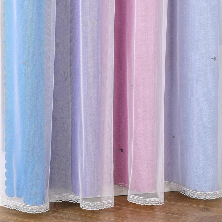Freyamy Wohnzimmer Gardinen Blau Lila Rosa Glänzend Sterne Vorhänge Halbtransparent 130x100 (HxB) Ös