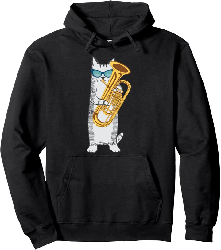 Tuba Cat Wearing Retro Sunglasses For Low Brass Players Pullover Hoodie