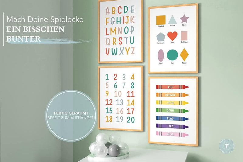 Papierschmiede® Kinderbilder 4er Set Lernposter, A4 gerahmt in Holzrahmen (Natur), Geschenk für Mädc