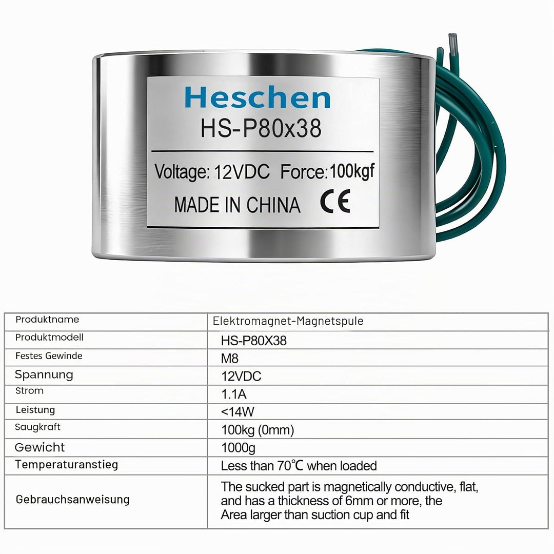 Heschen Elektromagneten Magnet Magnetventil HS-P80/38, OD: 80 mm, DC 12 V, 100 kg/220 lb