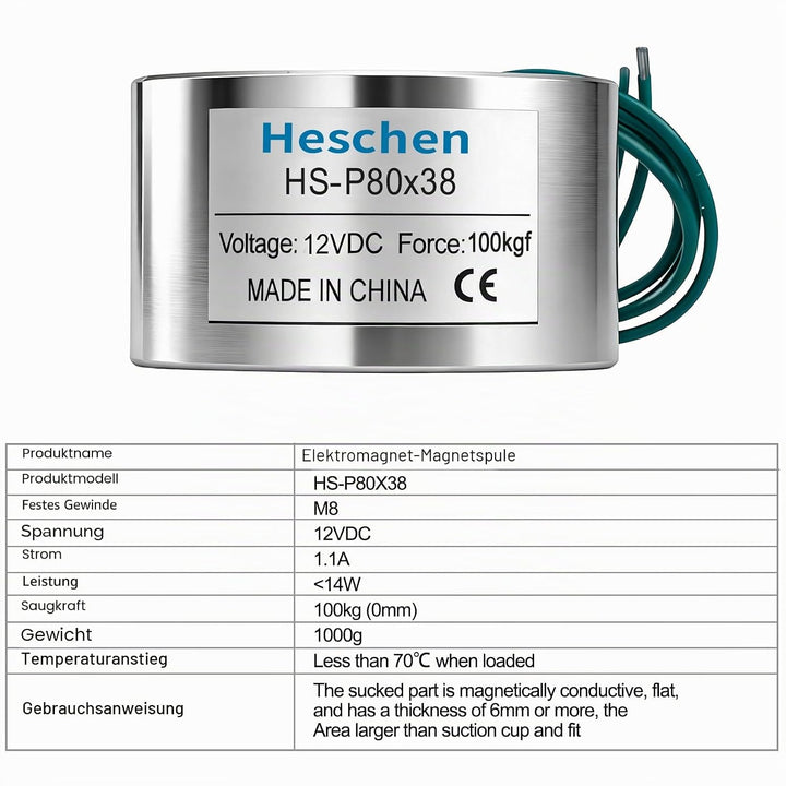 Heschen Elektromagneten Magnet Magnetventil HS-P80/38, OD: 80 mm, DC 12 V, 100 kg/220 lb