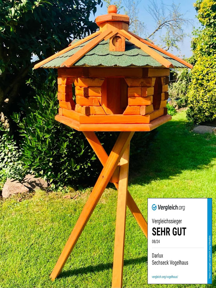 DARLUX Handgefertigtes Sechseck Vogelhaus aus Holz wetterfest M - XXL mit und ohne Ständer I Futterh