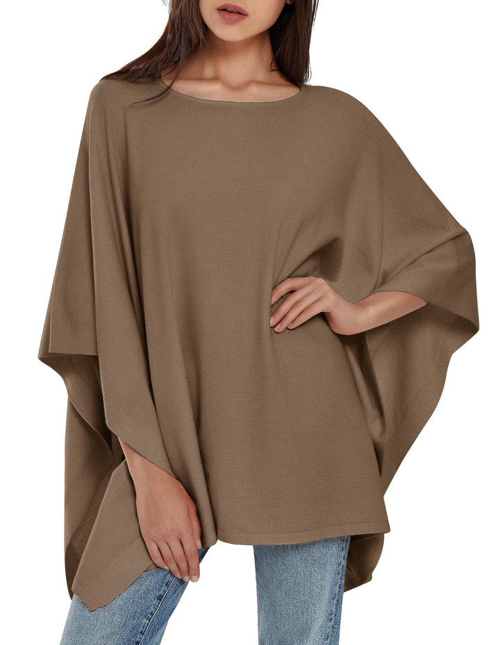 PULI Damen Pullover Poncho Elegant Viskose Strick Locker sitzend Poncho Schal Einheitsgrösse Karamel
