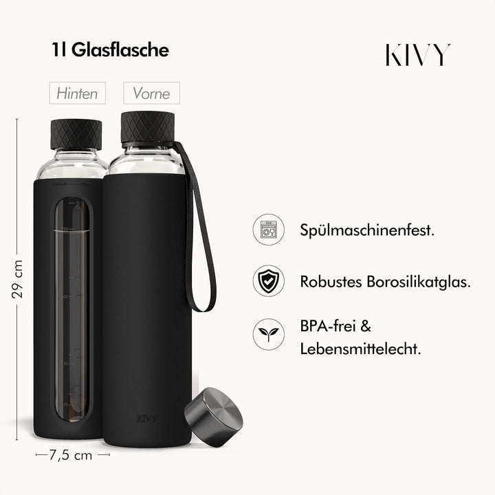 KIVY Glas Trinkflasche 1l mit Silikonschutz [KOHLENSÄURE GEEIGNET] Glasflasche 1 Liter - Wasserflasc