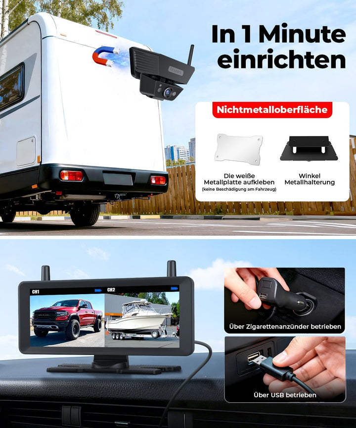 Zwei Solar Rückfahrkamera Kabellose Magnet : 2 Min DIY Installation 7,2 Zoll 1080P Dual Channel Moni