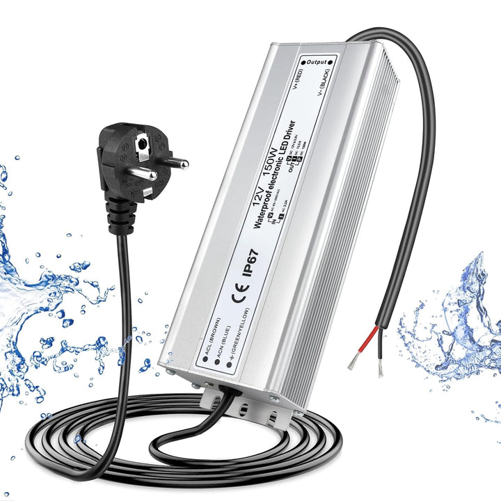 LED Trafo 12V 150W IP67, Outdoor Wasserdicht Transformator mit Stecker, LED Netzteil Treiber 230V au