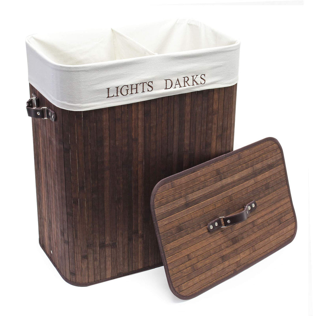 Wiltec Wäschebox 105 L braun Wäschekorb mit Deckel aus Bambus faltbare Wäschebox mit Leinensack mit