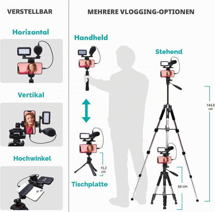 Movo iVlogger iPhone,Android Kompatibles Vlogging Kit mit Stativ in voller Grösse – Handy-Video-Kit