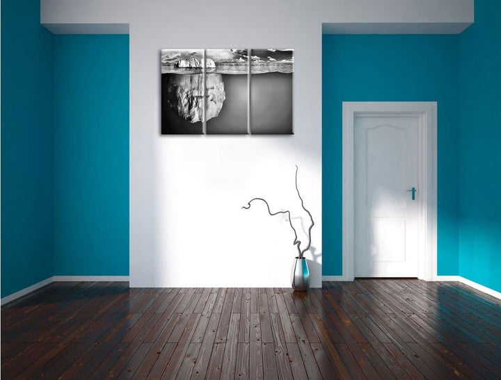 Pixxprint Monocrome, Riesiger Eisberg unter Wasser 3-Teiler Leinwandbild 120x80 Bild auf Leinwand
