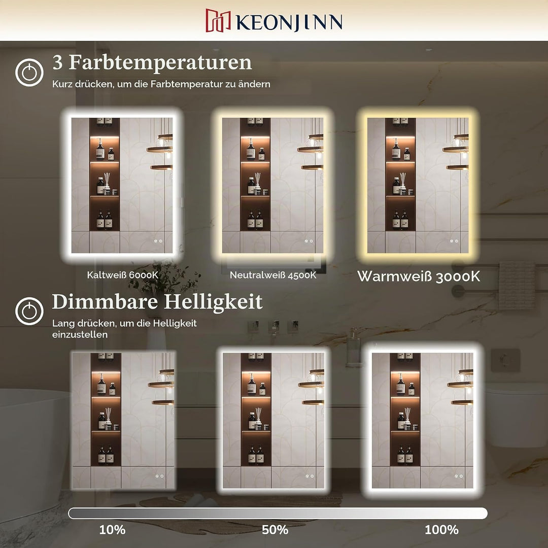 Keonjinn Badspiegel mit Beleuchtung Rechteckig 180x80cm, Badezimmerspiegel mit Beschlagfrei Touch Sc