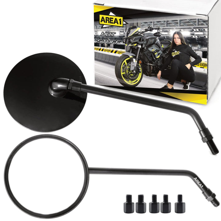 Area1 Universal Motorrad Rückspiegel Paar e-geprüft 2xM10 Rechtsgewinde + 5Adapter, Spiegel kompatib