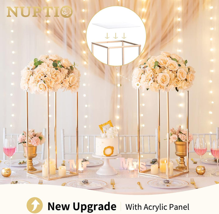 Nuptio Gold Vase für Hochzeit Tafelaufsätze mit Acrylplatte - 2 Stück 60cm Hohe Metall Blumenvasen B