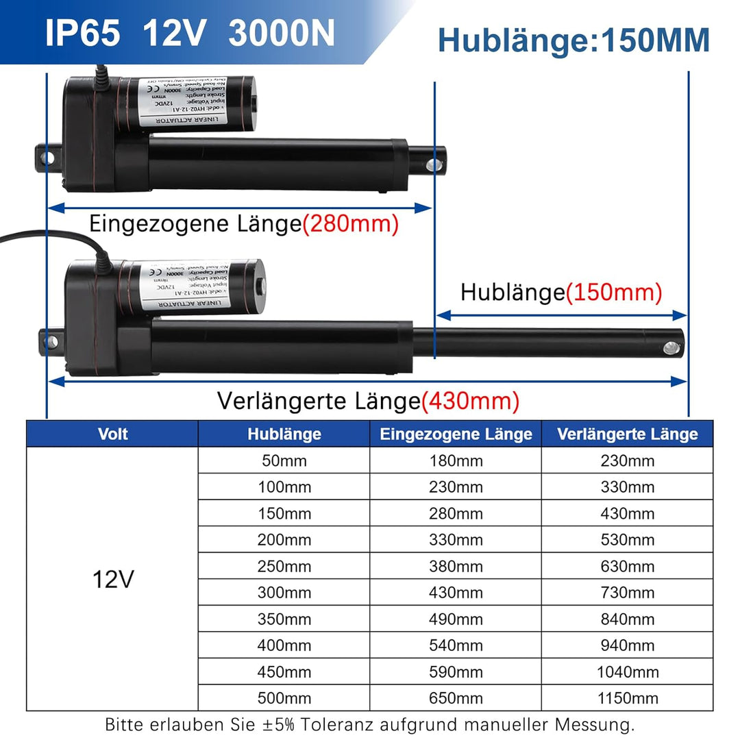 Jvnvlki 3000N 150mm Hub Linearantrieb 12V Linear Actuator Linearmotor 5mm/s Mit Montagebügeln für Sc