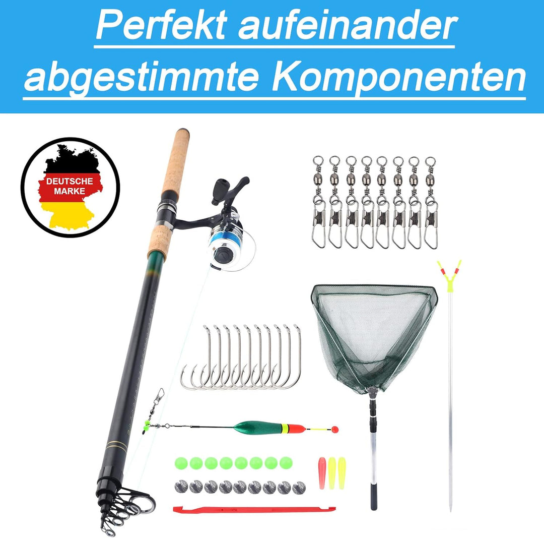 Q-Tac - Angelset Karpfen mit Kescher [Angelfertig montiert & Angelrolle bespult], Angelset komplett