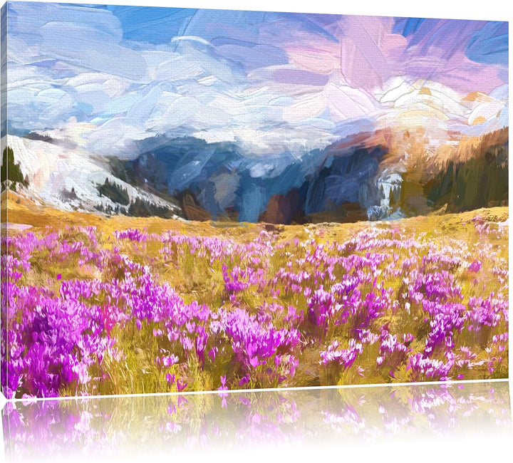 Pixxprint Schneebedeckte BerglandschaftKunst Pinsel Effekt, Format: 100x70 auf Leinwand, 100x70