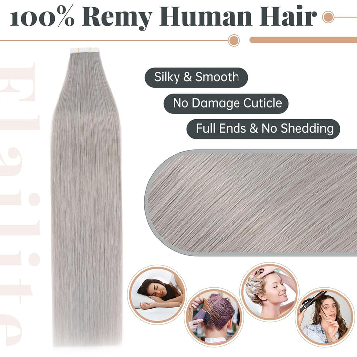 Elailite Extensions Echthaar Tape Grau, 20 Stück 30g Unsichtbar Kleber Haarverlängerungen Glattes 50