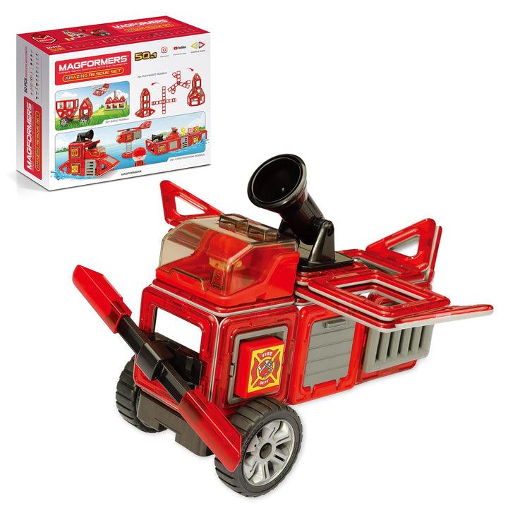 Magformers Fire Engine And Rescue Vehicle Set. Firefighters Magnetic Building Blocks Toy. Makes Over