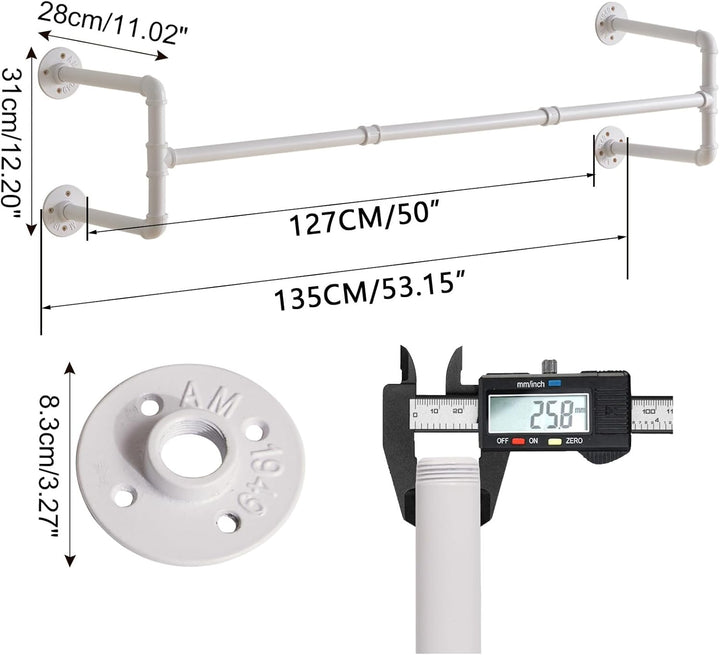 IBUYKE 127cm Kleiderstange Wandmontage 2er Set, Metall Industrial Garderobenstange Wandmontage mit 6