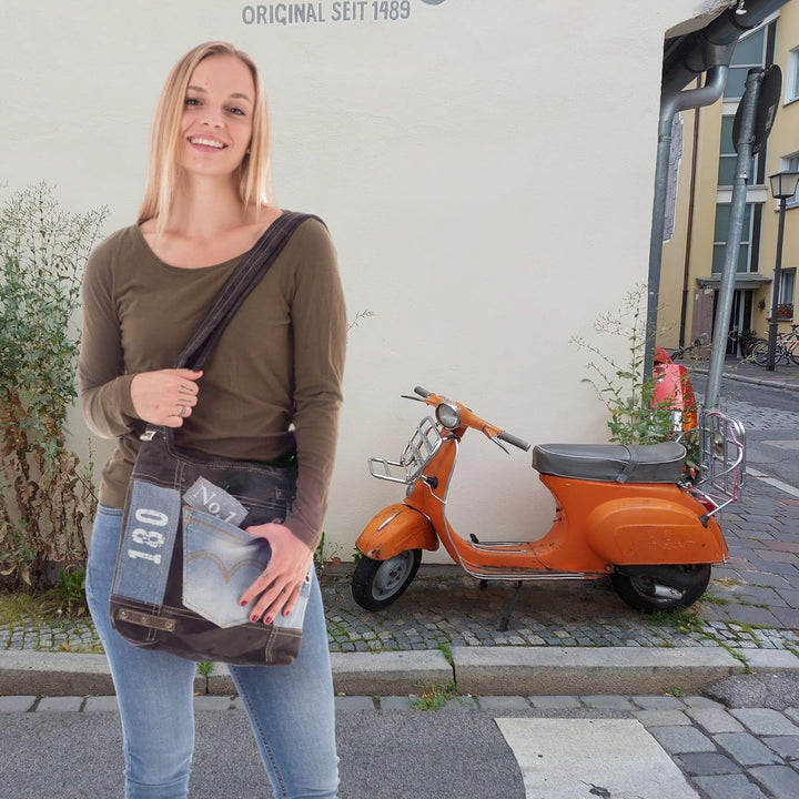 Sunsa Damen Umhängetasche aus Recycelte Jeans Canvas & Leder. Hobo Tasche schwarz/blau