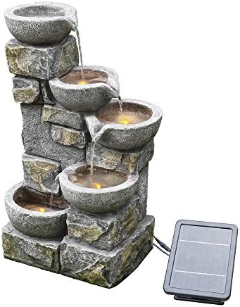 Solar-Wasserbrunnen für den Garten aus Stein mit Ornamenten und LEDs PT-SF0003