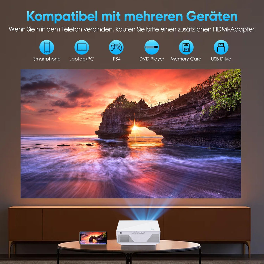 Beamer Full HD 1080P, WiFi&Bluetooth Tragbarer 15000 Lumens Mini Beamer Heimkino Projektor, 300" Max