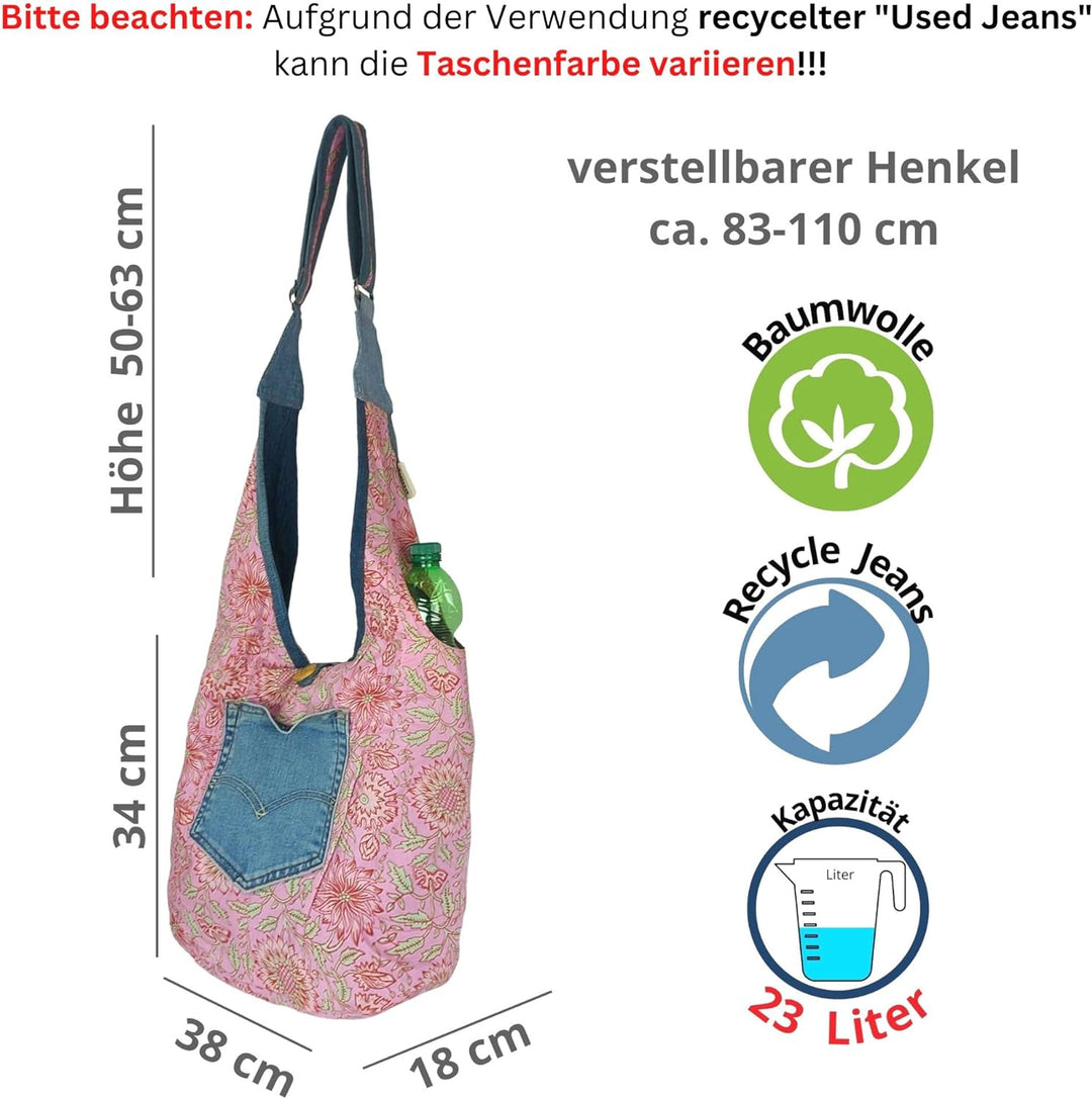 Sunsa Damen nachhaltige Hobo Tasche. Umhängetasche aus recycelte Jeans & Baumwolle. Boho Blumig Cros