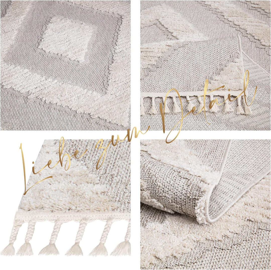 payé Teppich Wohnzimmer - 200x290cm - Creme - Raute - Hochtief Effekt - Fransen Deko Boho Flauschig