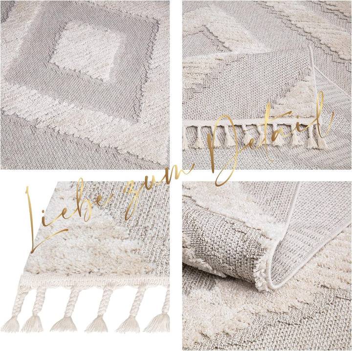 payé Teppich Wohnzimmer - 200x290cm - Creme - Raute - Hochtief Effekt - Fransen Deko Boho Flauschig