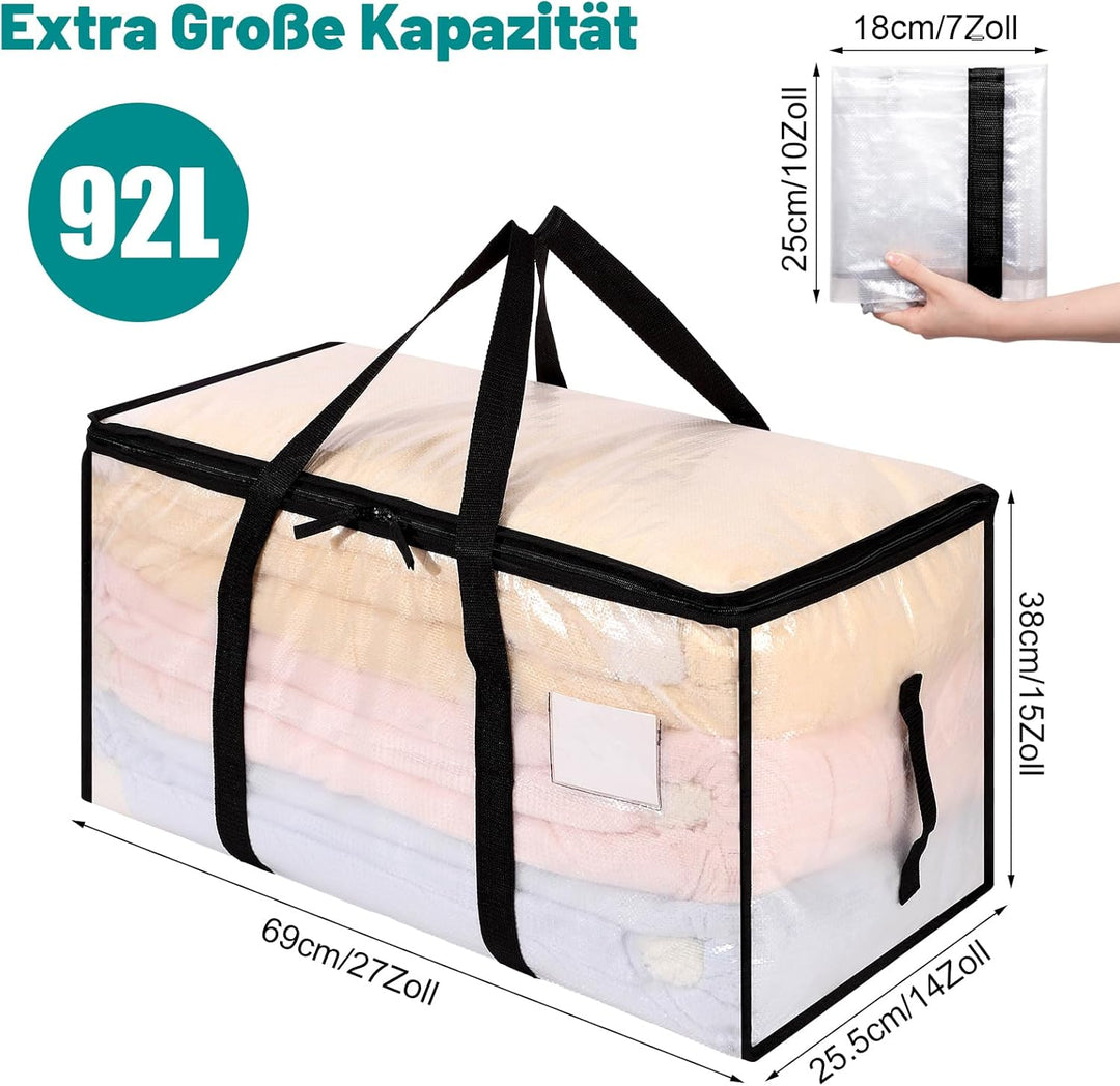 4 Stück 90L Grosse Aufbewahrungstasche mit Deckel, Transparente Umzugskartons Gross mit Reissverschl
