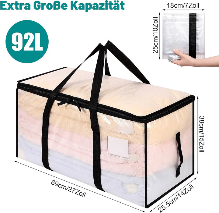 8 Stück 90L Grosse Aufbewahrungstasche mit Deckel, Transparente Umzugskartons Gross mit Reissverschl