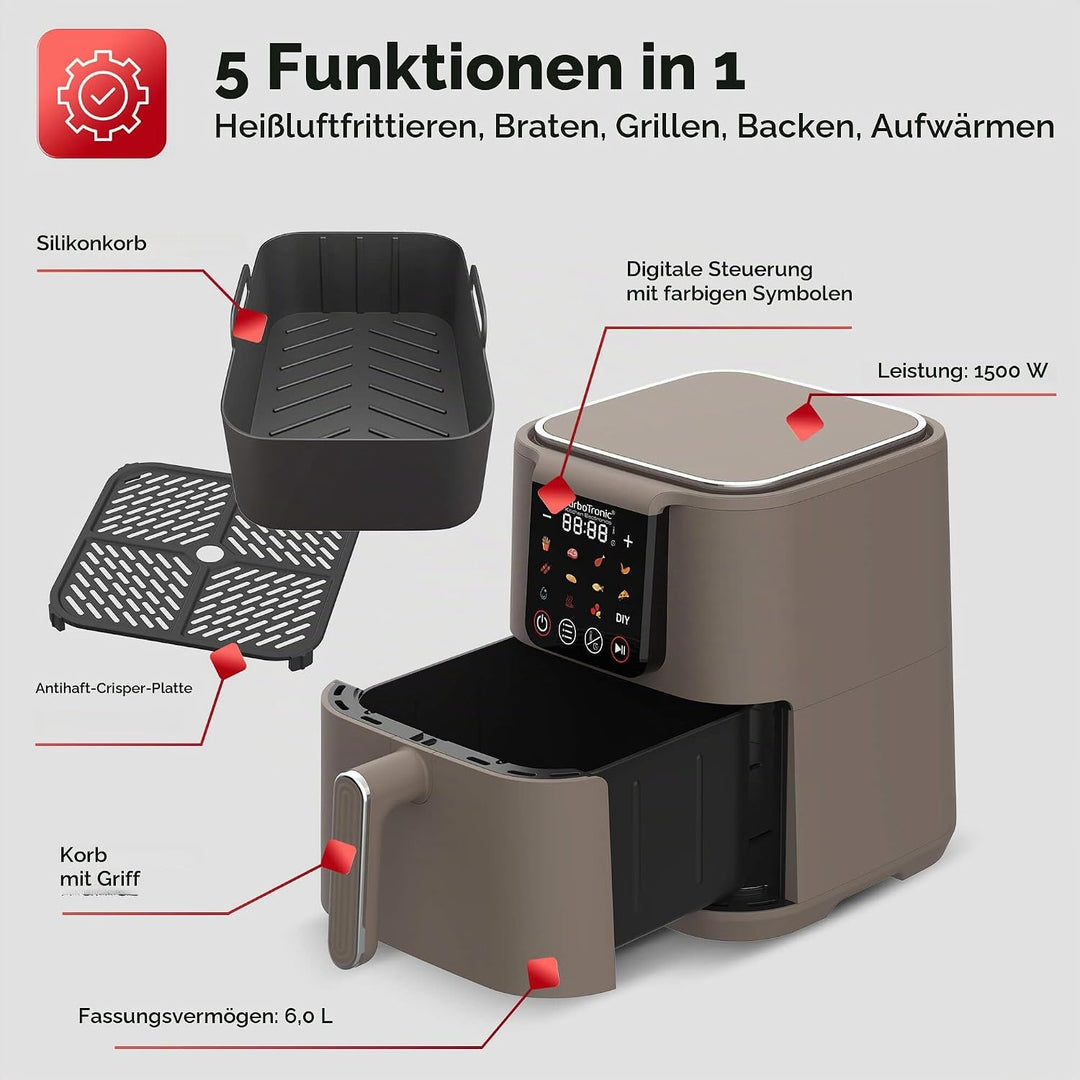 TurboTronic Heissluftfritteuse XL 6Liter 0,6kg Pommes mit Silikoneinlage 12 Programme digital Touch-