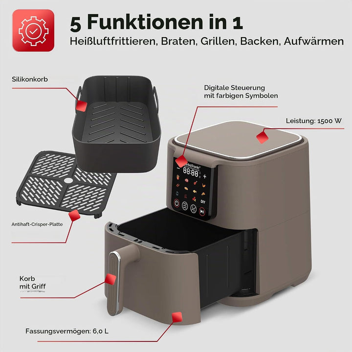 TurboTronic Heissluftfritteuse XL 6Liter 0,6kg Pommes mit Silikoneinlage 12 Programme digital Touch-
