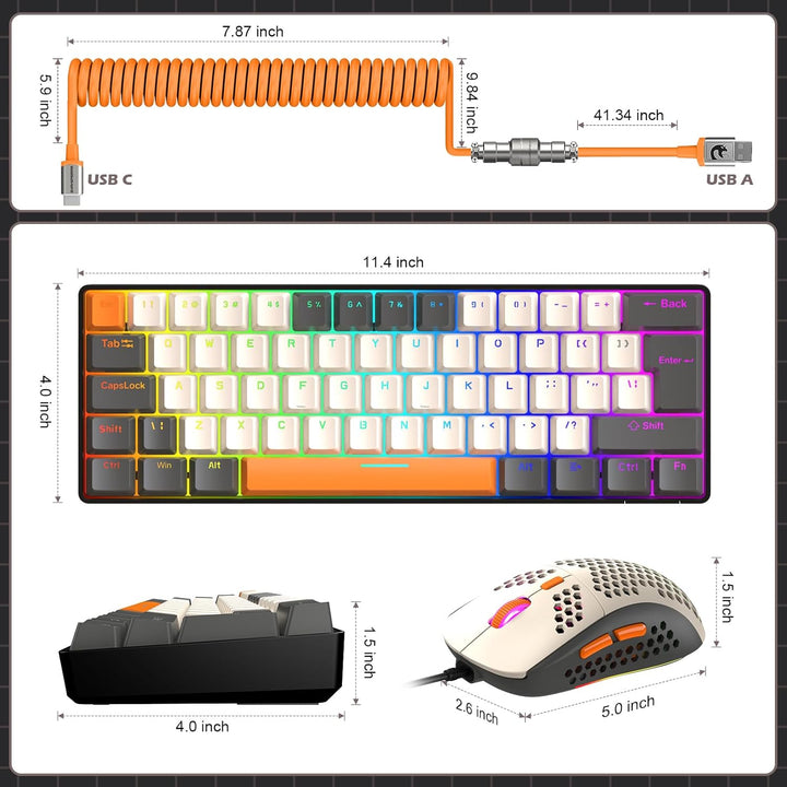 ZIYOU LANG Wired Gaming-Tastatur und Maus Combo mit Spiral USB-C Kabel T60 Pro - Kompakt 60% UK Layo