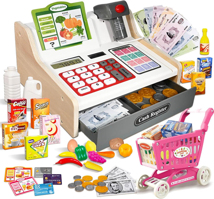 Kasse Kinder Holz mit Scanner und Sound, Spielkasse Kinder Set für Jungen Mädchen ab 3-6 Jahren, Ele