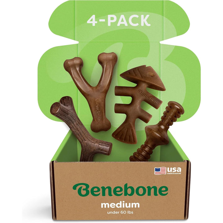 Benebone Durable Dog Chew Toy Box for Aggressive Chewers with Wishbone, Fishbone, Stick & Zaggler, M
