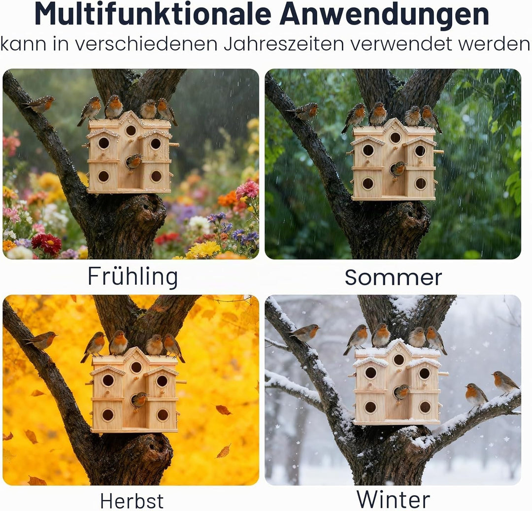 Mehrkammer-Vogelhaus aus Holz, 10 Nistfächer, Kiefer naturbelassen
