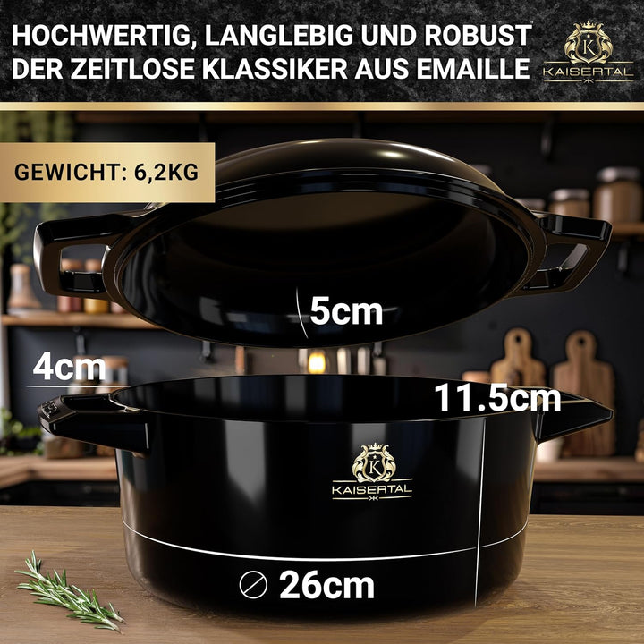 KAISERTAL Gusseisen Topf - 26cm Emaillierter Schmortopf mit Deckel 4,8L & Gusspfanne 1,8L – Gusseise