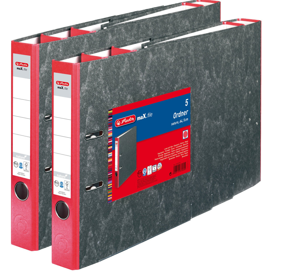 Herlitz Ordner maX.file nature A4 5cm, Wolkenmarmorbezug/Papier, 10er Pack Rot