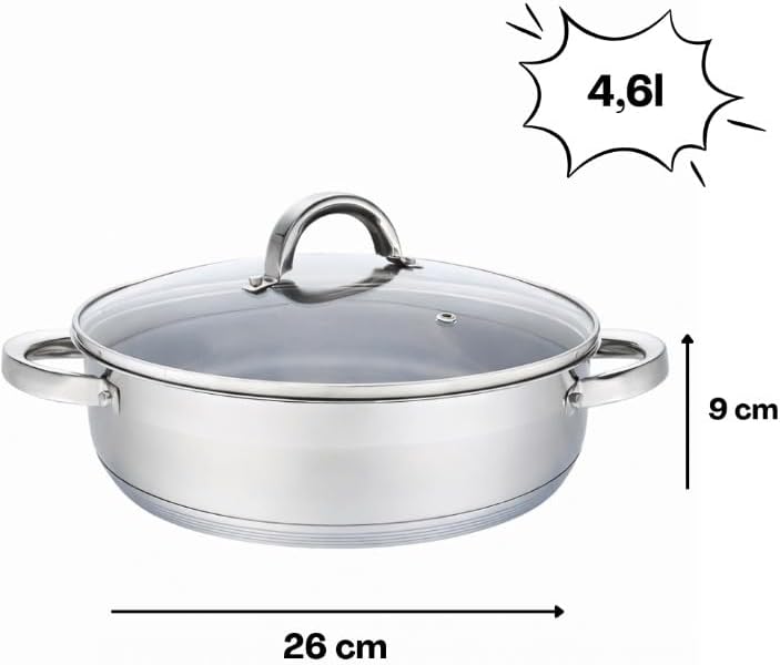 Flach Topf mit Deckel in vielen Grössen Kochtopf Töpfe Induktion Edelstahl (4,6L/∅26cm), 4,6L/Ƞ