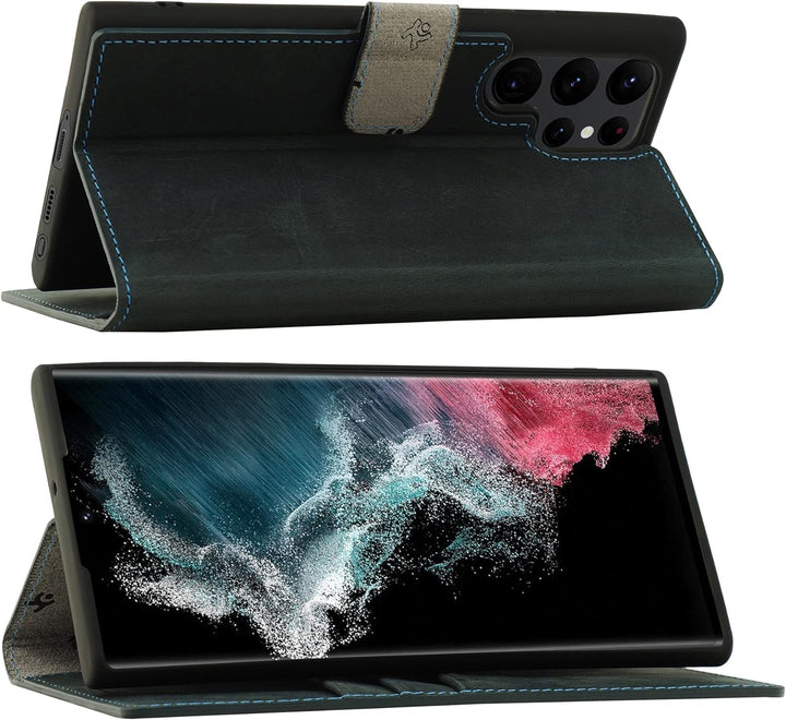 Suncase Book-Style Hülle kompatibel mit Samsung Galaxy S22 Ultra 5G Leder Tasche (Slim-Fit) Lederhül