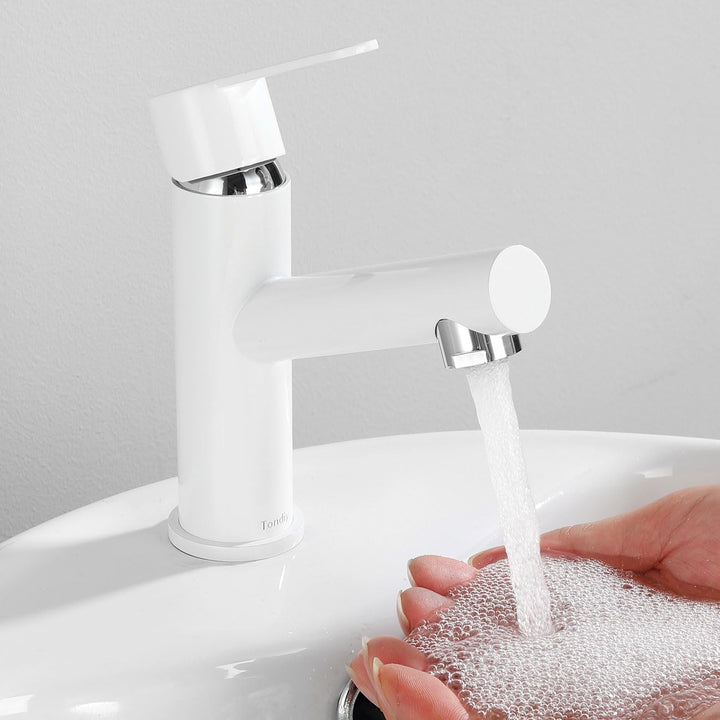 Wasserhahn Bad Waschtischarmatur Weiss, Edelstahl Badarmatur Mischbatterie mit Auslauf Höhe 87 mm, E