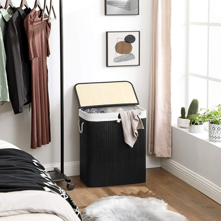 SONGMICS Wäschekorb 2 Fächer, 100 L Wäschesammler mit Deckel, Wäschebox Bambus, mit Griffen, faltbar