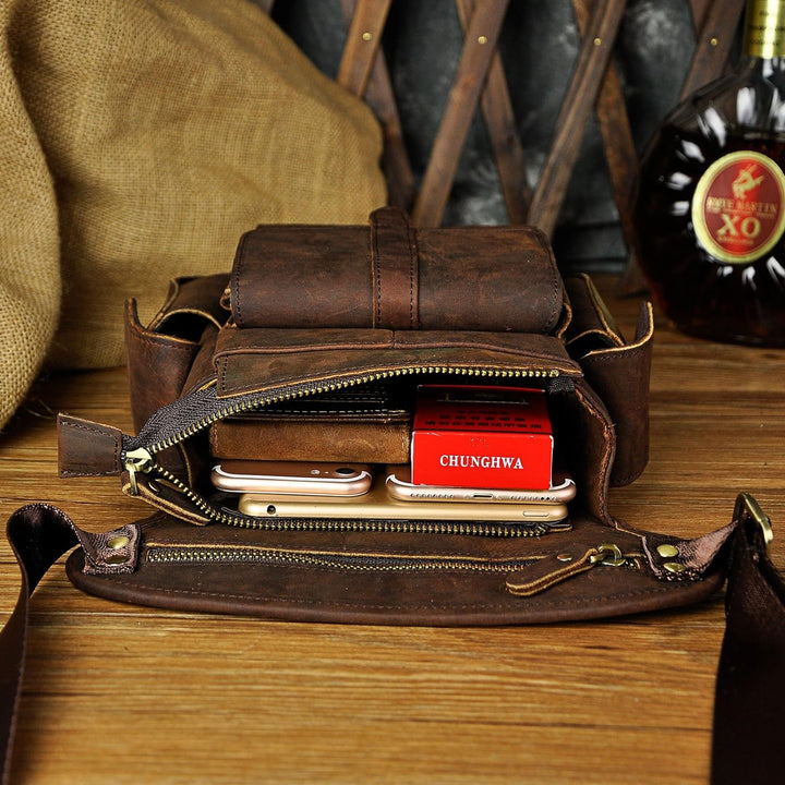 Le'aokuu Herren Echtes Leder Hüfttasche Gürteltasche Bauchtasche Reissverschluss Motorrad Messenger