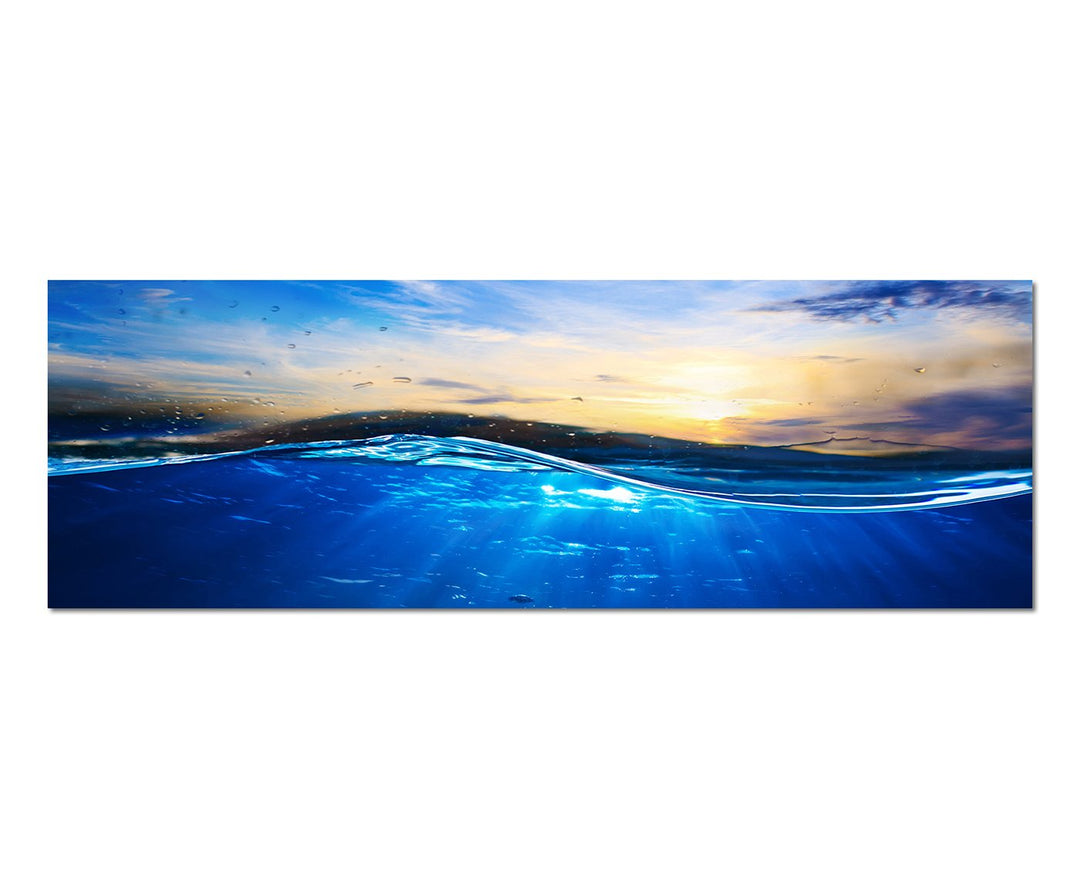 Paul Sinus Art Panoramabild auf Leinwand und Keilrahmen 150x50cm Wasser Welle Sonnenuntergang Luftbl