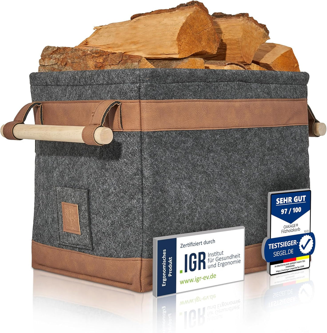 OAKAGE® Holzkorb für Kaminholz Gross [Schmutzabweisendes Innenfutter und Lederboden] Kaminholzkorb F
