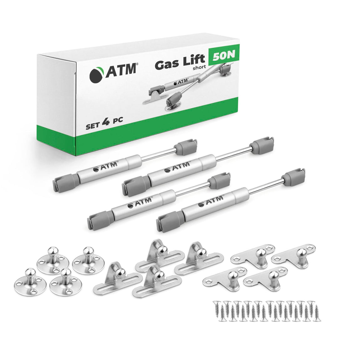ATM Gasdruckfeder Kurz 50N 180 mm für Möbelklappen – Gasdruckdämpfer 4er Set, Klappenbeschlag 90°, G