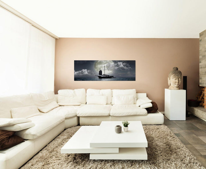 Paul Sinus Art Panoramabild auf Leinwand und Keilrahmen 120x40cm Meer Nacht Vollmond Segelschiff